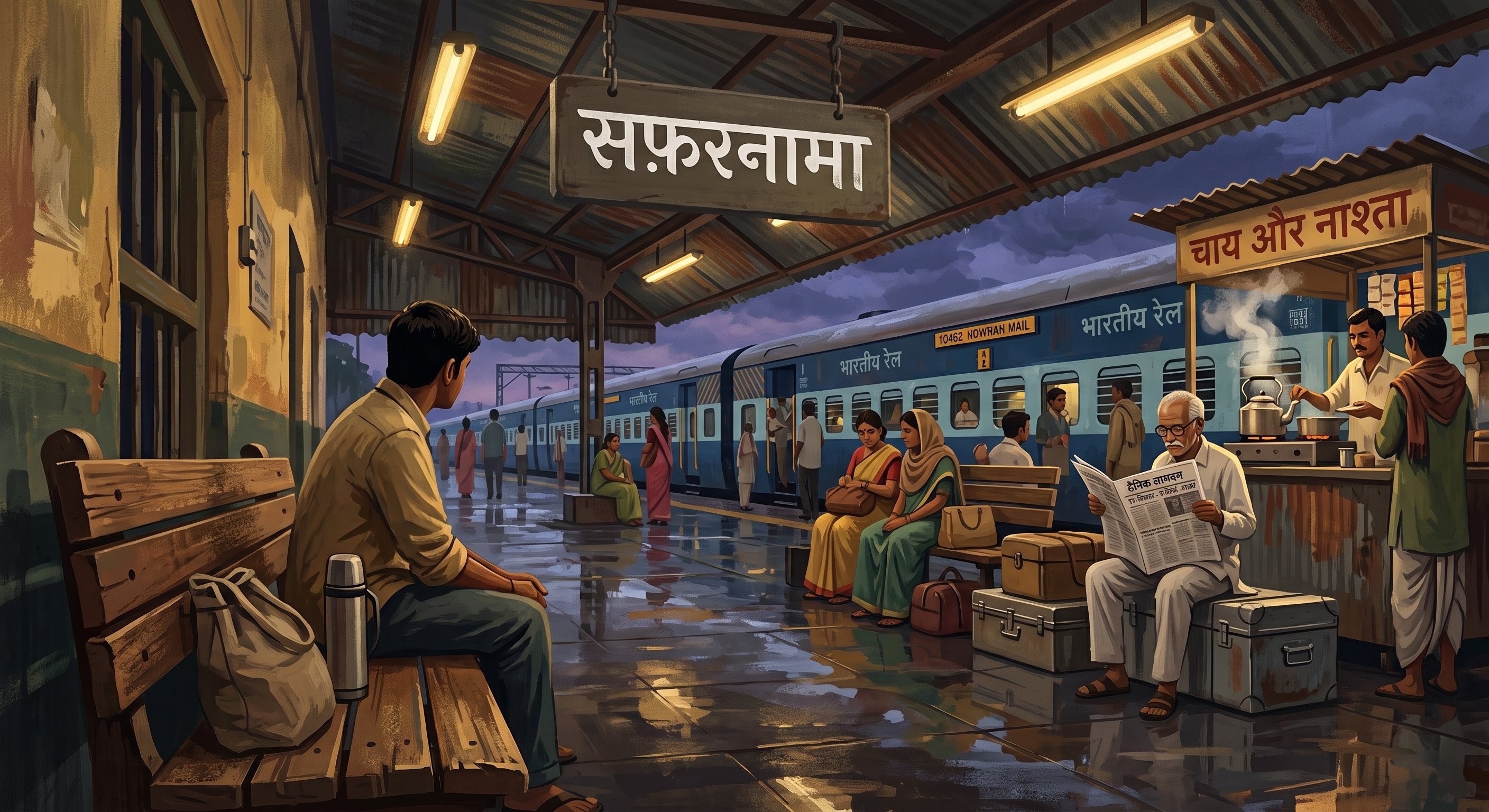 A rain-lit Indian railway platform waiting room at dusk